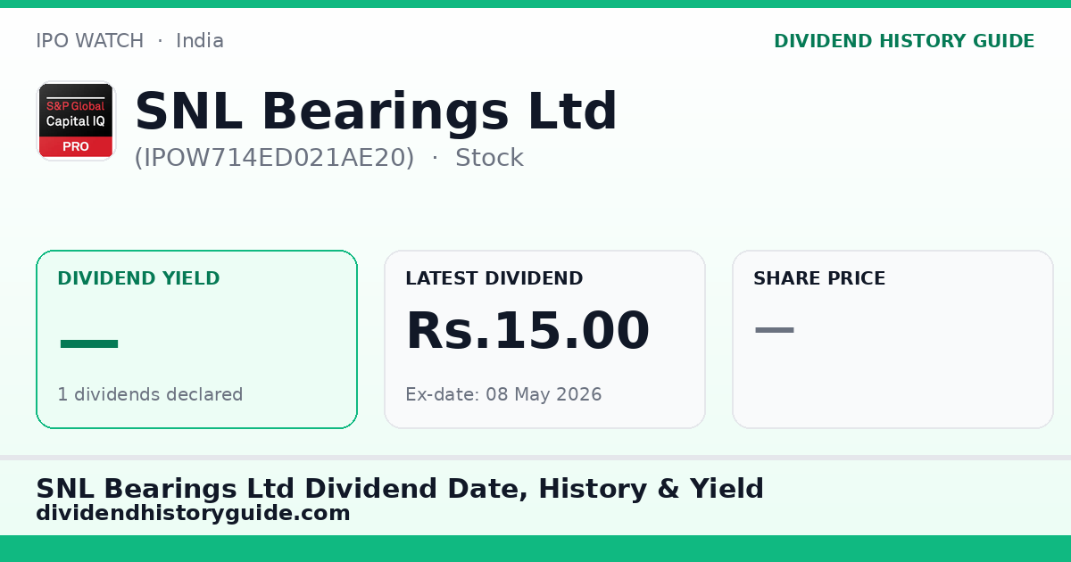 SNL Bearings Ltd (IPOW714ED021AE20) dividend history — 0% yield, 1 dividends declared