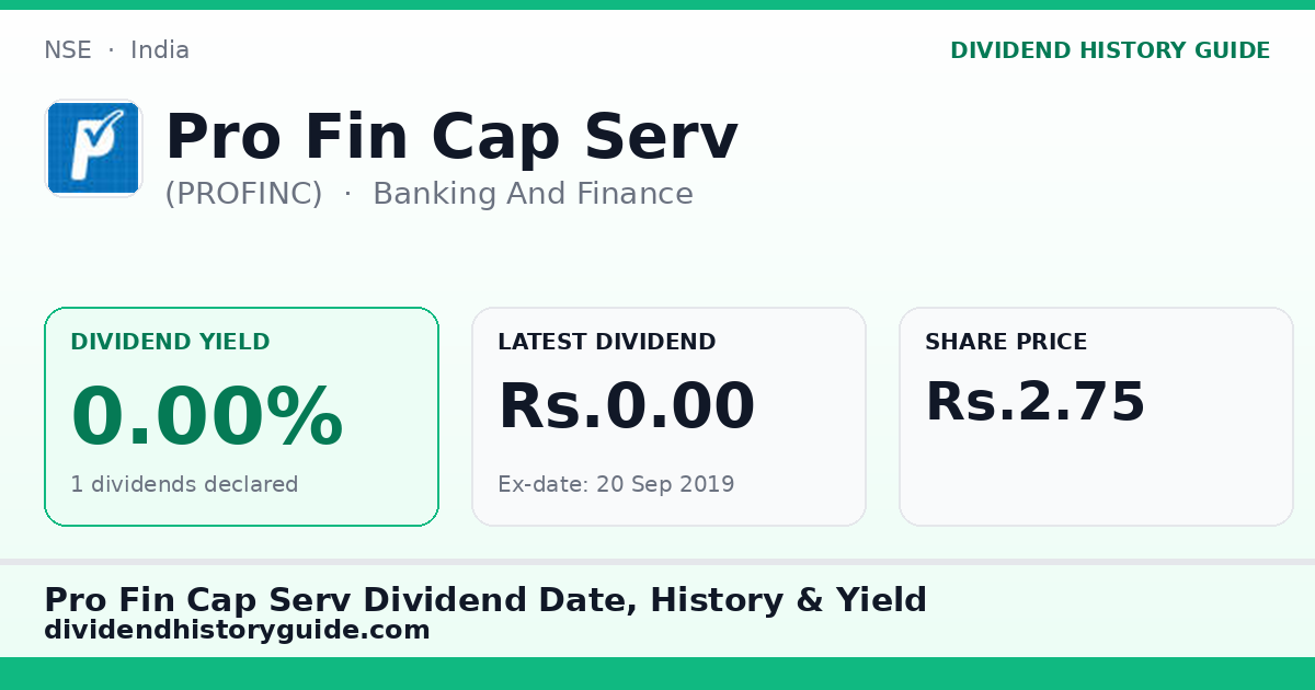 Pro Fin Cap Serv (PROFINC) dividend history — 0% yield, 1 dividends declared