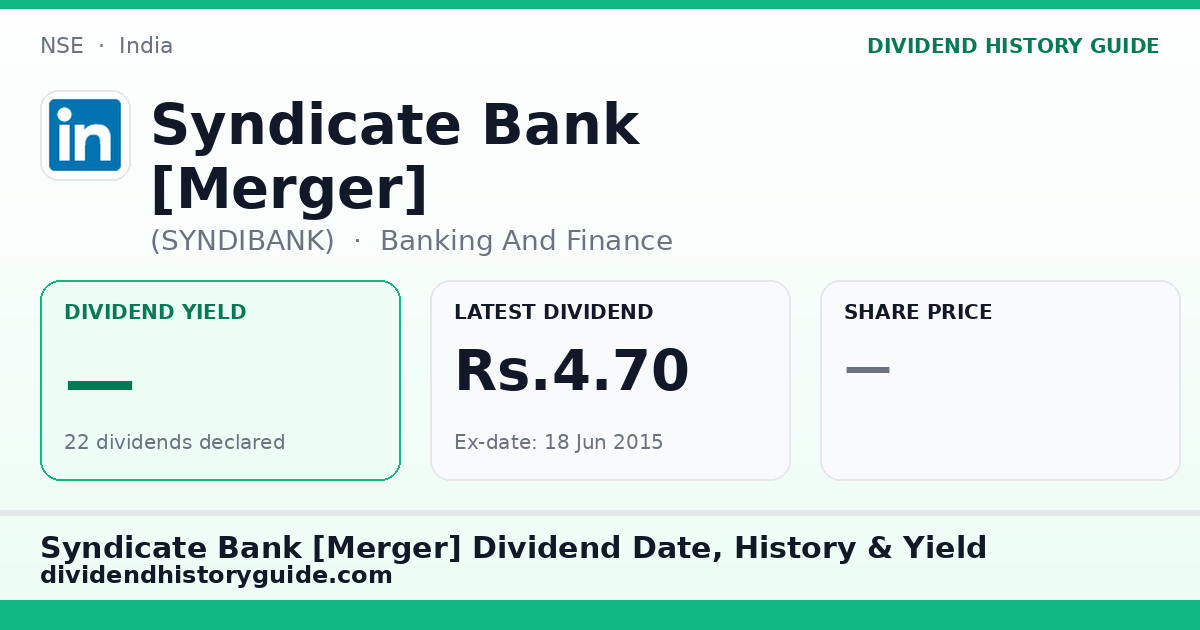 Syndicate Bank [Merger] (SYNDIBANK) dividend history — 0% yield, 22 dividends declared