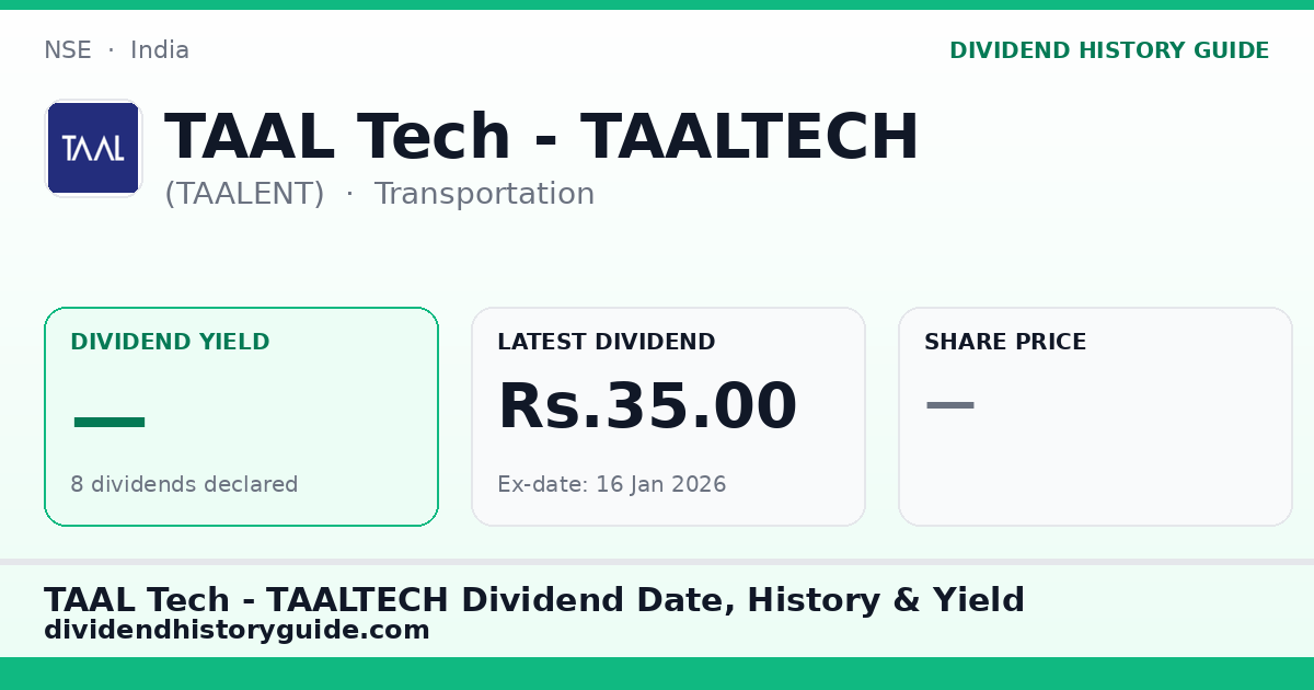 TAAL Tech - TAALTECH (TAALENT) dividend history — 0% yield, 8 dividends declared