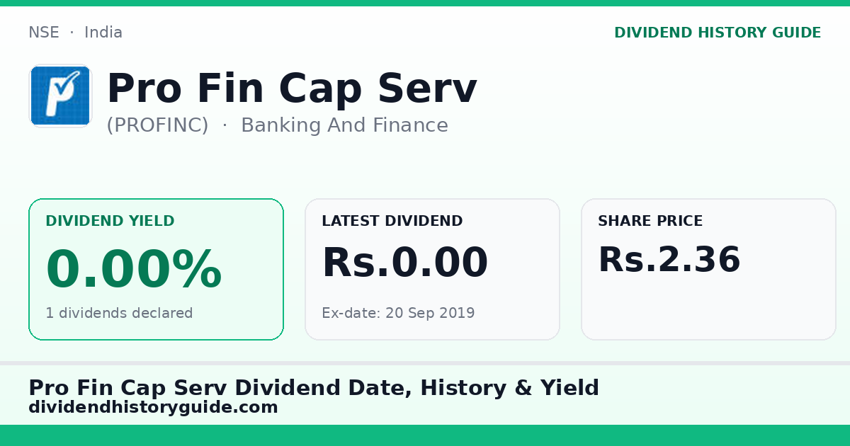 Pro Fin Cap Serv (PROFINC) dividend history — 0% yield, 1 dividends declared