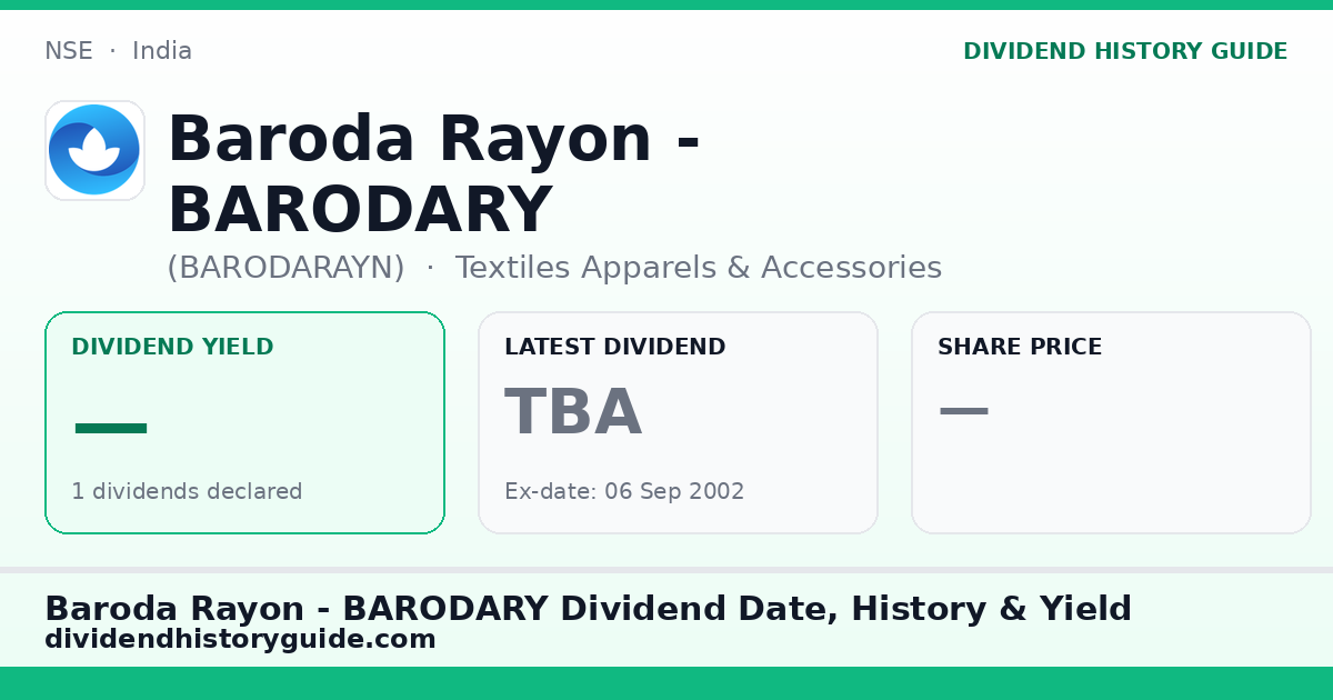 Baroda Rayon - BARODARY (BARODARAYN) dividend history — 0% yield, 1 dividends declared