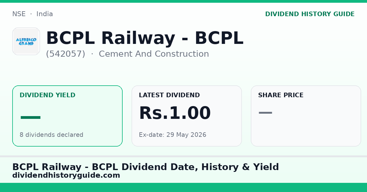 BCPL Railway - BCPL (542057) dividend history — 0% yield, 8 dividends declared