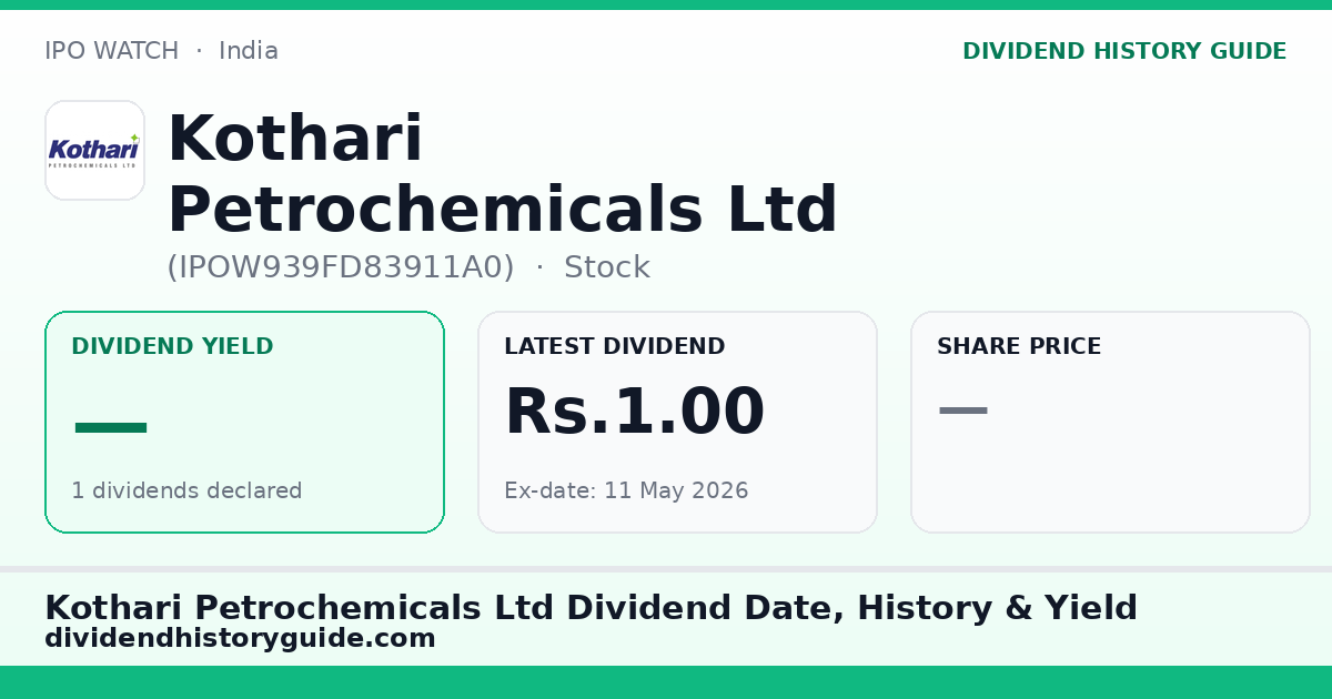 Kothari Petrochemicals Ltd (IPOW939FD83911A0) dividend history — 0% yield, 1 dividends declared